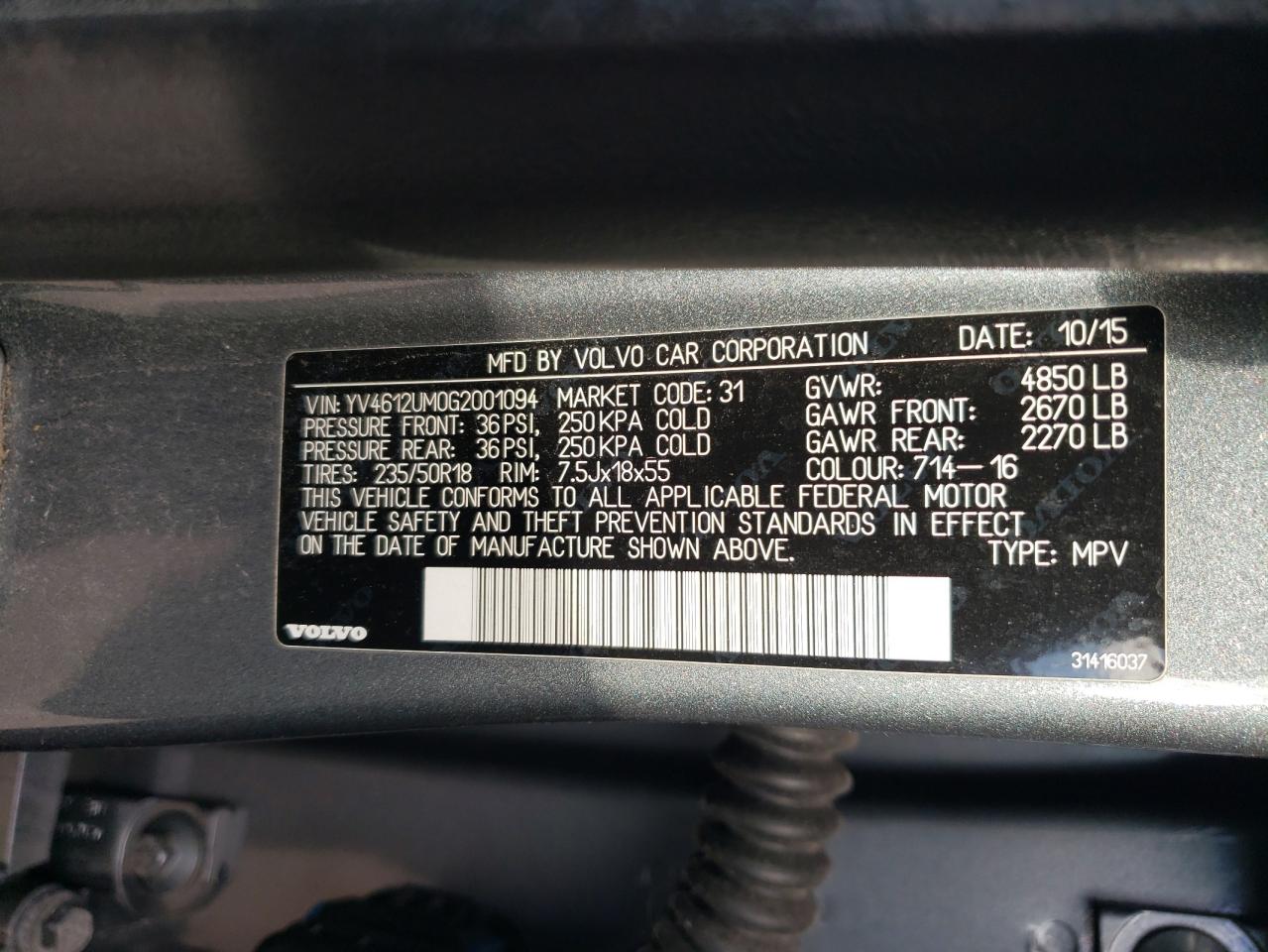 2016 Volvo S60 Cross Country T5 VIN: YV4612UM0G2001094 Lot: 92891915