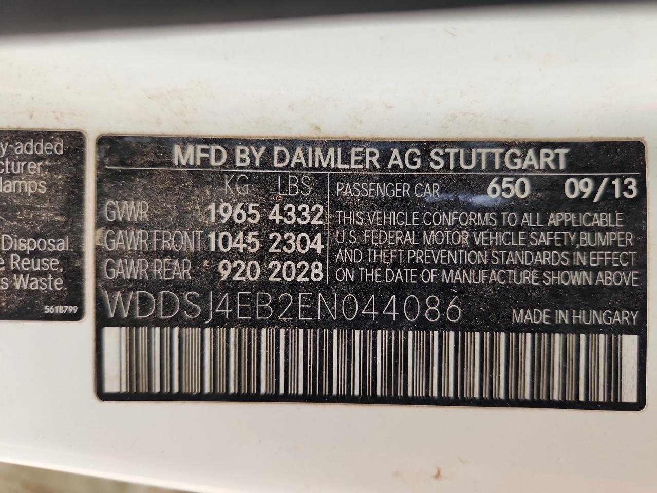 2014 Mercedes-Benz Cla 250 VIN: WDDSJ4EB2EN044086 Lot: 91304615