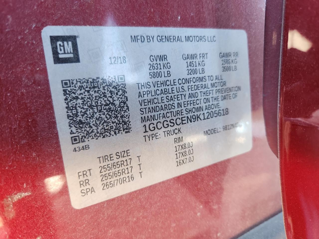 2019 Chevrolet Colorado Lt VIN: 1GCGSCEN9K1205618 Lot: 92919185