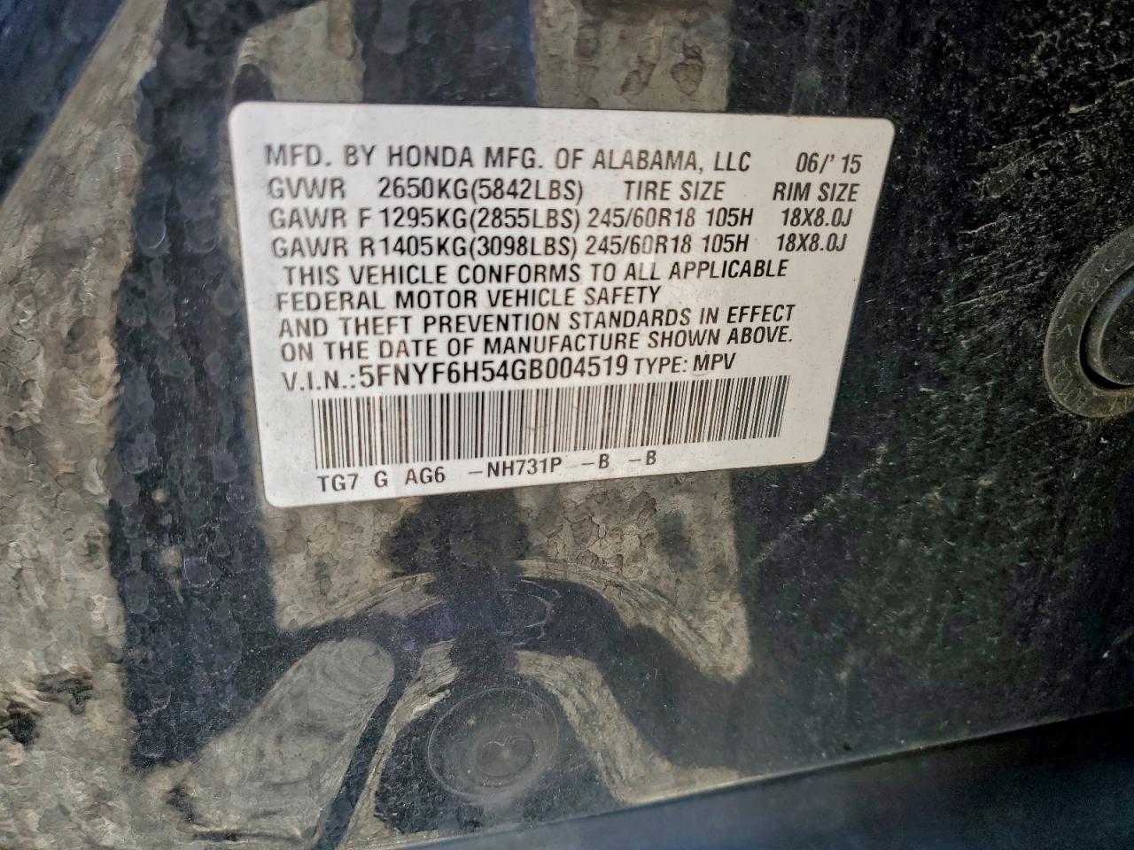 2016 Honda Pilot Exl VIN: 5FNYF6H54GB004519 Lot: 94036685