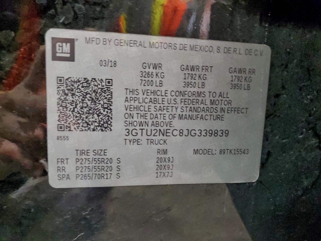 2018 GMC Sierra K1500 Slt VIN: 3GTU2NEC8JG339839 Lot: 93865485