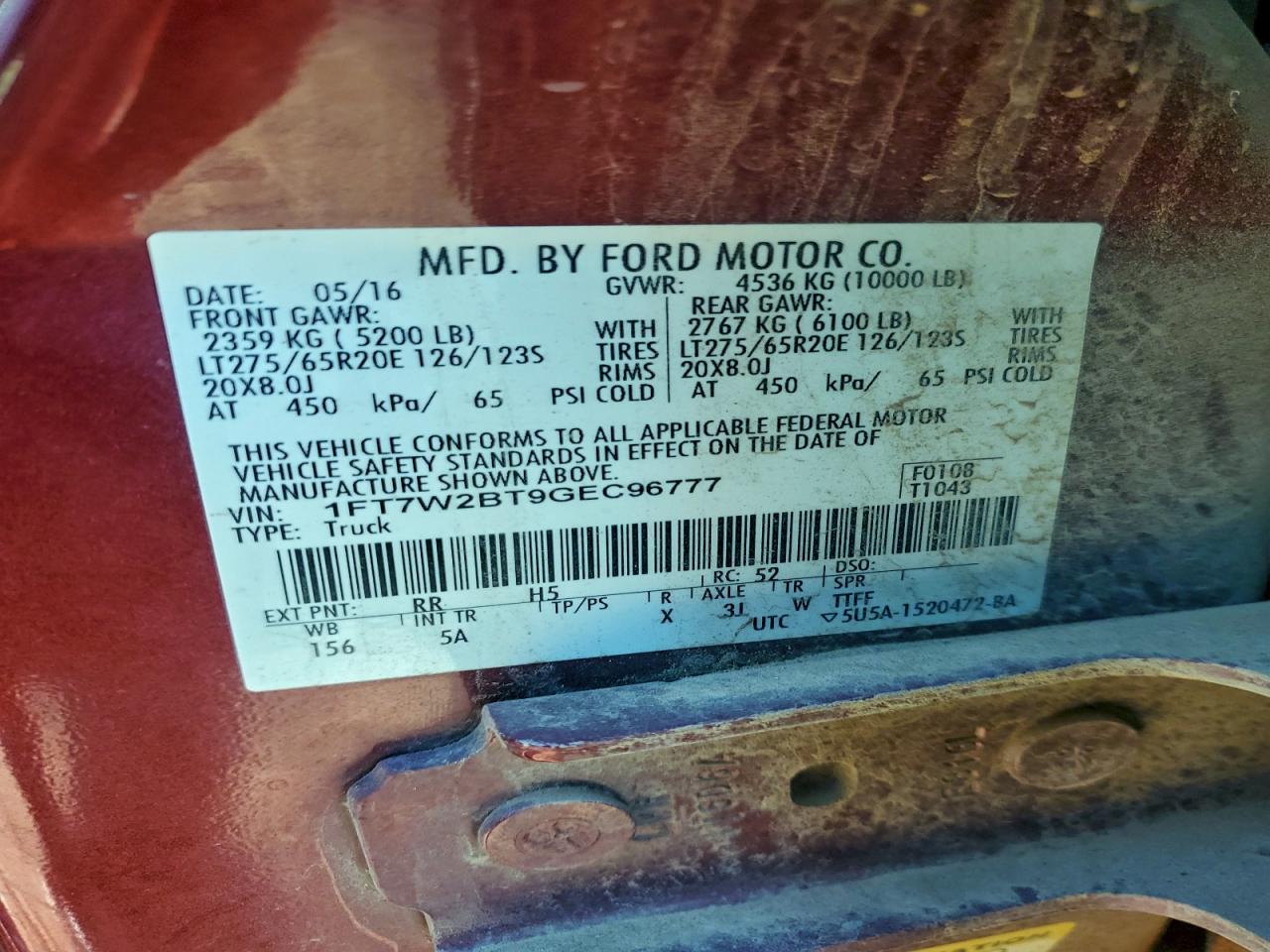 2016 Ford F250 Super Duty VIN: 1FT7W2BT9GEC96777 Lot: 93259965