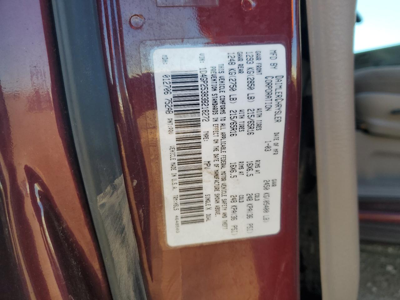 2003 Dodge Caravan Se VIN: 1D4GP25383B218272 Lot: 90846305