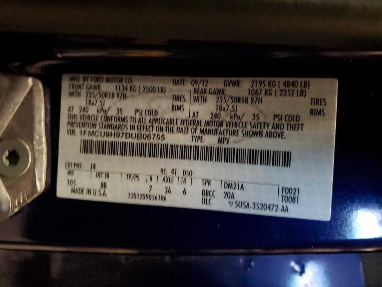 2013 Ford Escape Sel VIN: 1FMCU9H97DUB06755 Lot: 92183055