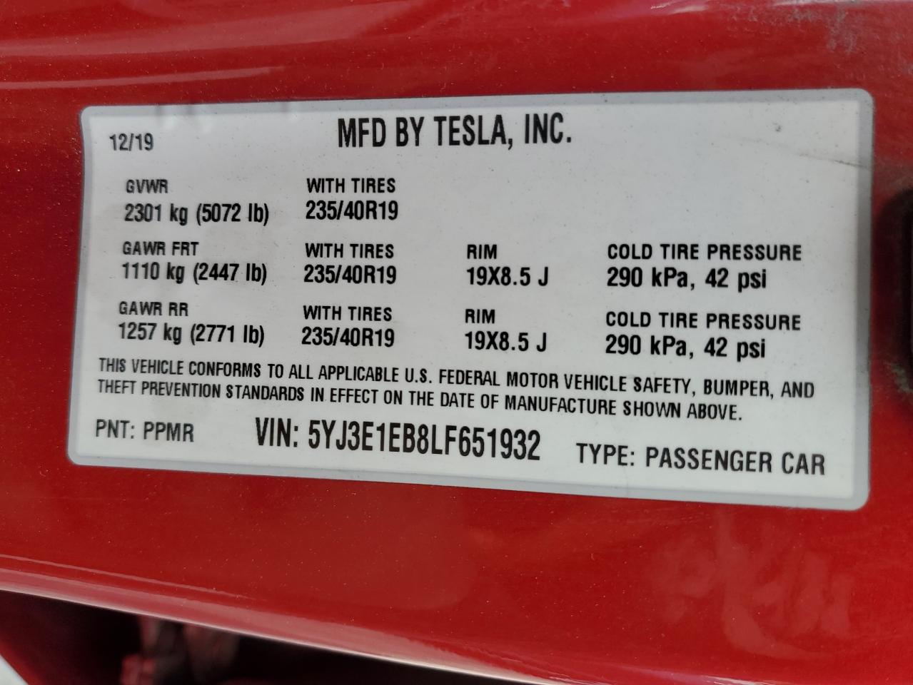 2020 Tesla Model 3 VIN: 5YJ3E1EB8LF651932 Lot: 92059085
