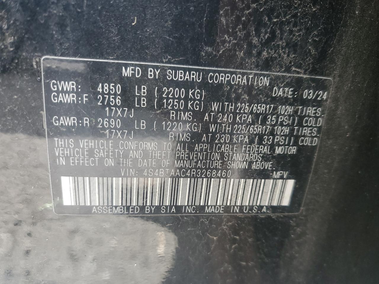 2024 Subaru Outback VIN: 4S4BTAAC4R3268460 Lot: 91437685