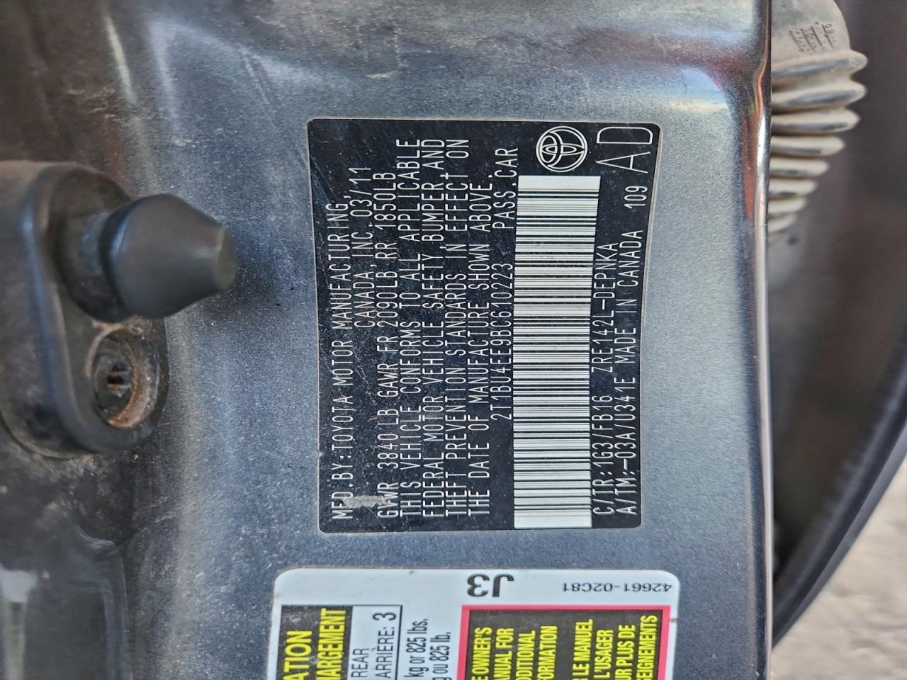 2011 Toyota Corolla Base VIN: 2T1BU4EE9BC610223 Lot: 94039675