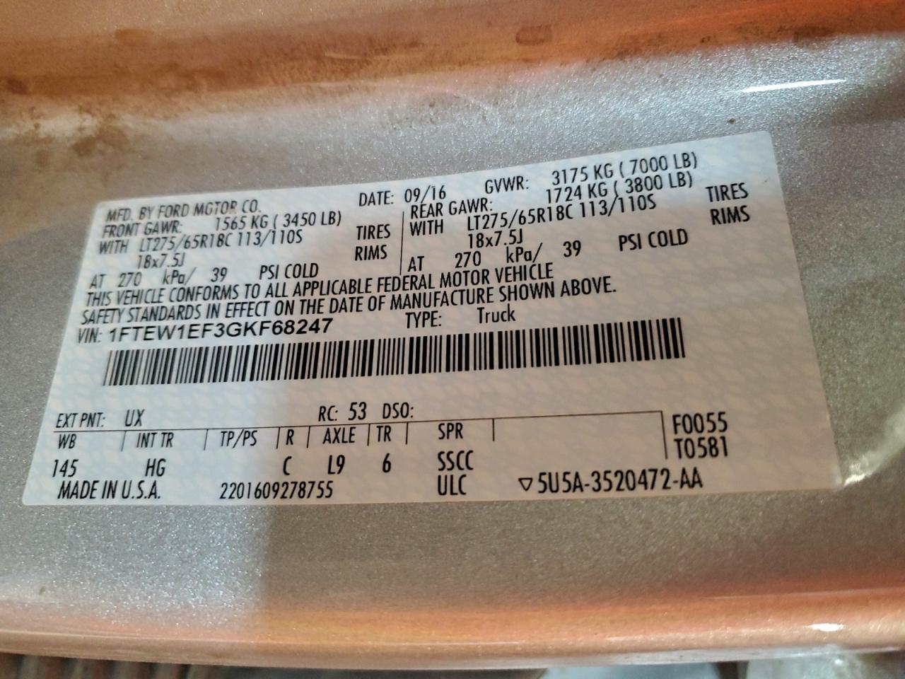 2016 Ford F150 Supercrew VIN: 1FTEW1EF3GKF68247 Lot: 91260095