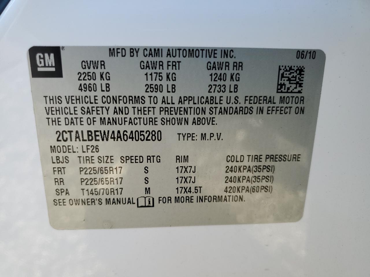 2010 GMC Terrain Sle VIN: 2CTALBEW4A6405280 Lot: 92926685