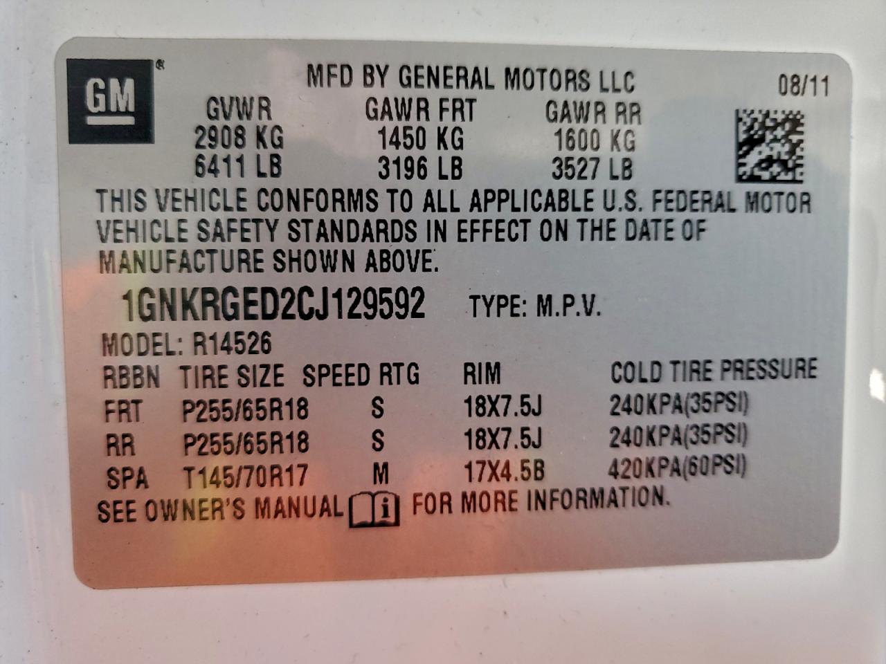 2012 Chevrolet Traverse Lt VIN: 1GNKRGED2CJ129592 Lot: 94327465