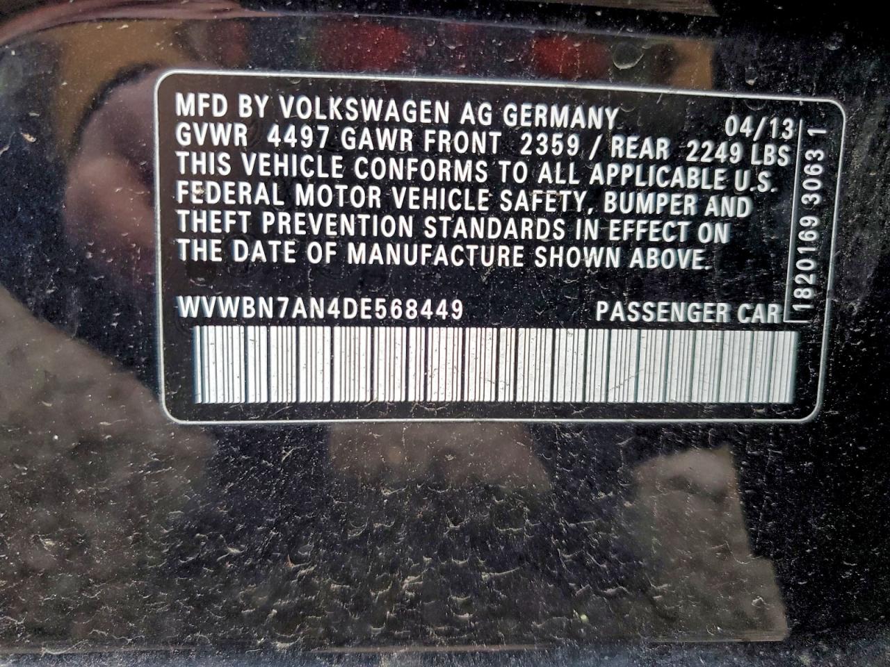 2013 Volkswagen Cc Sport VIN: WVWBN7AN4DE568449 Lot: 93627105