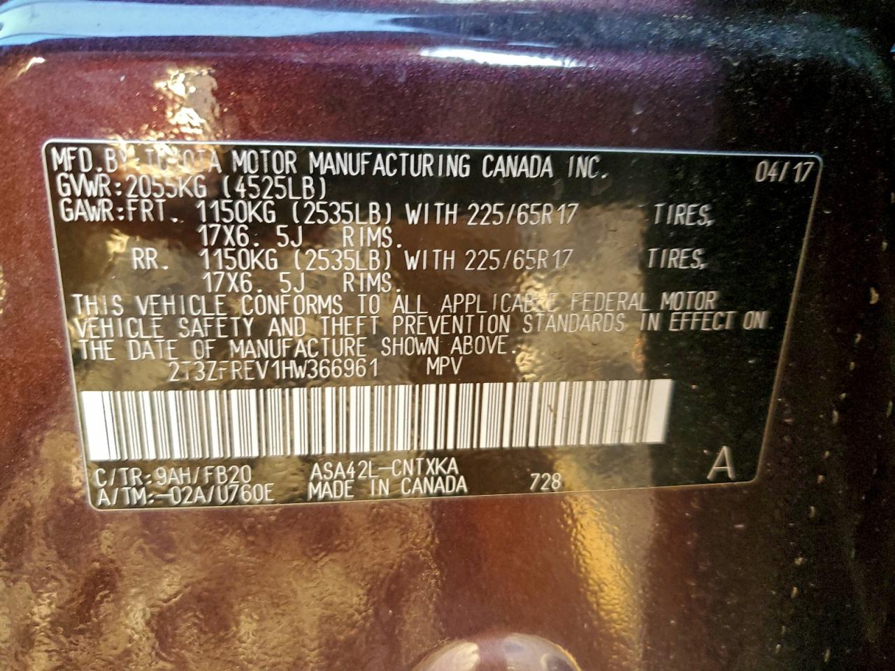 2017 Toyota Rav4 Le VIN: 2T3ZFREV1HW366961 Lot: 93280585