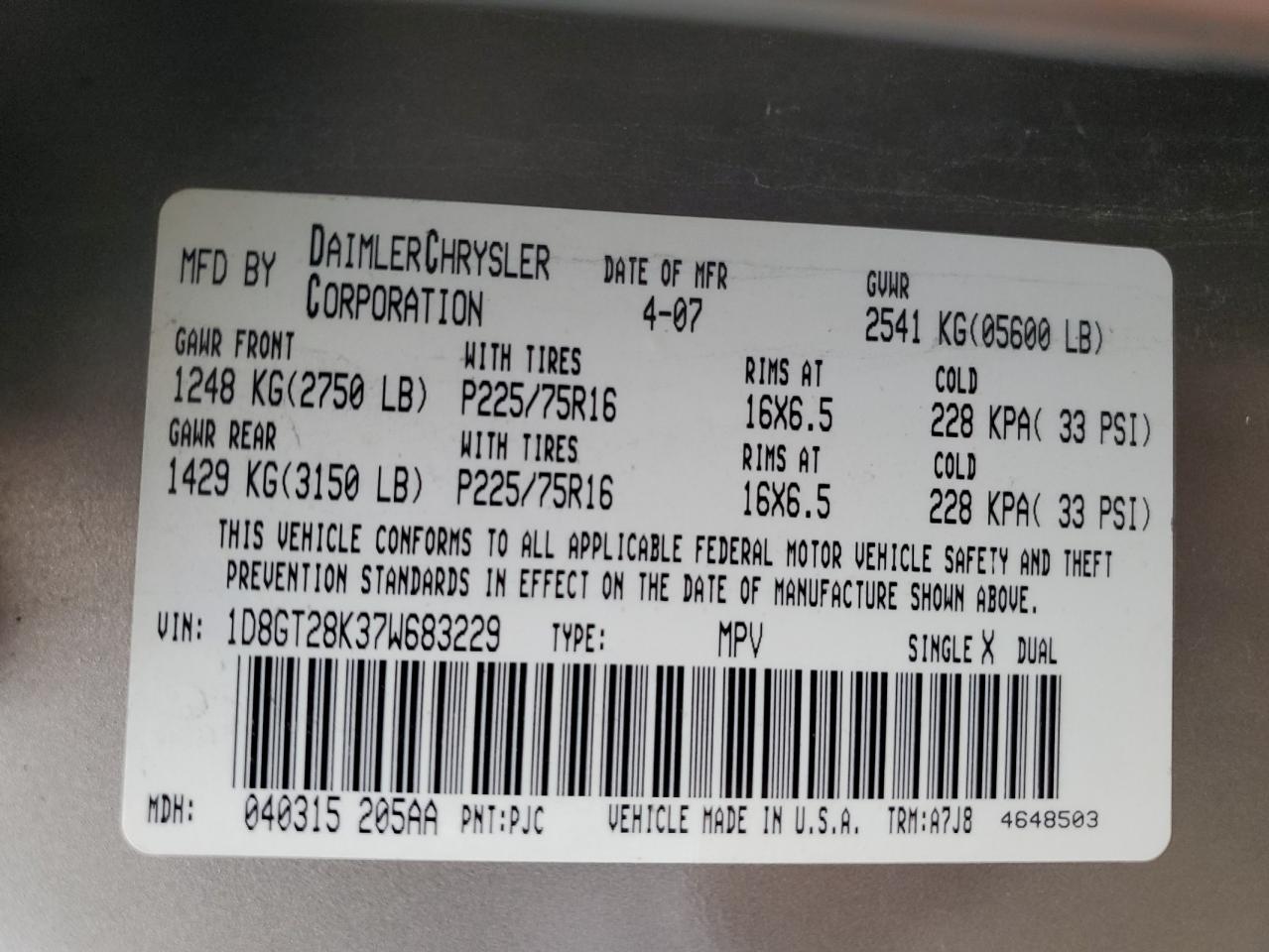 2007 Dodge Nitro Sxt VIN: 1D8GT28K37W683229 Lot: 92075895