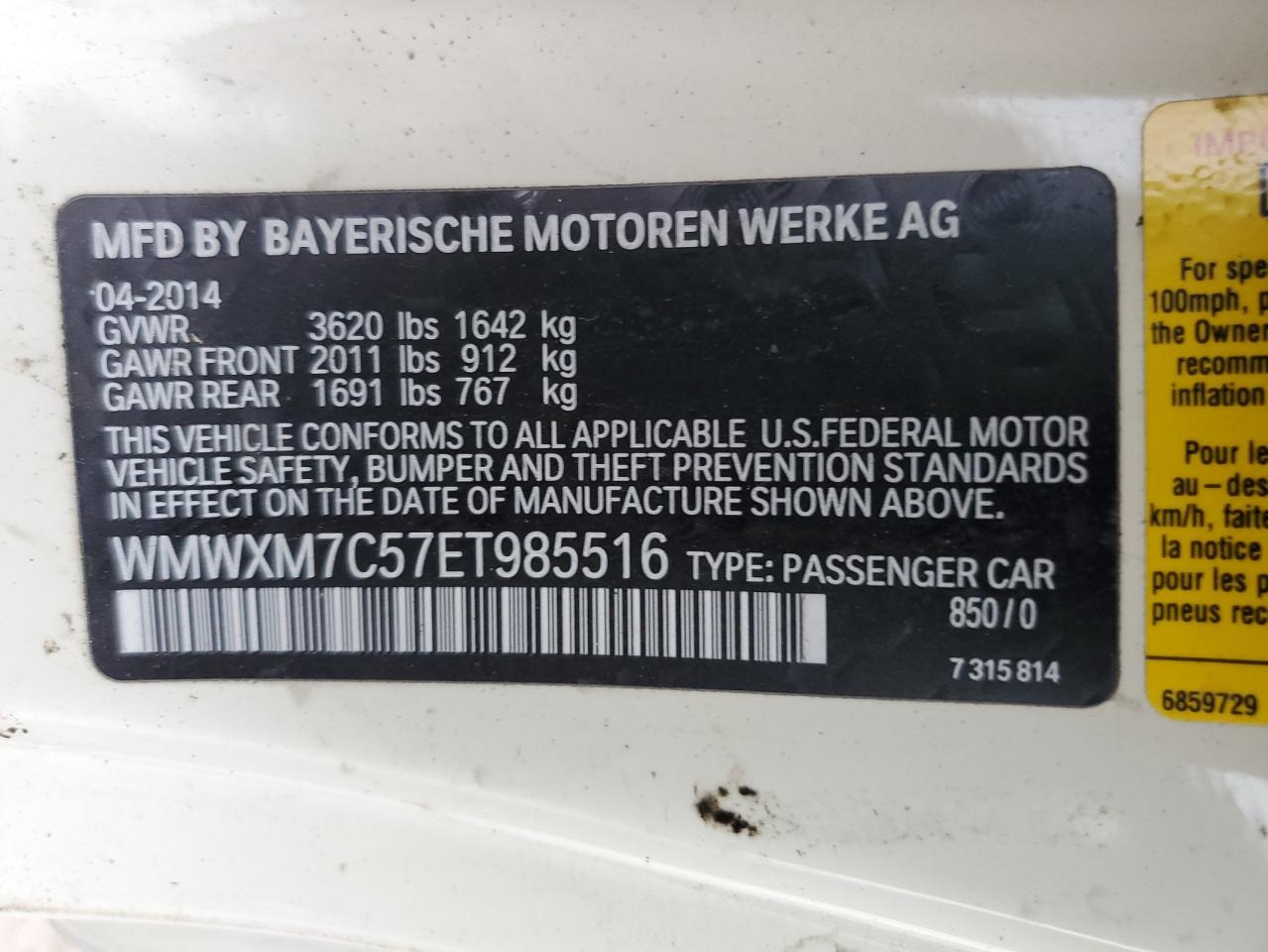 2014 Mini Cooper S VIN: WMWXM7C57ET985516 Lot: 91378425