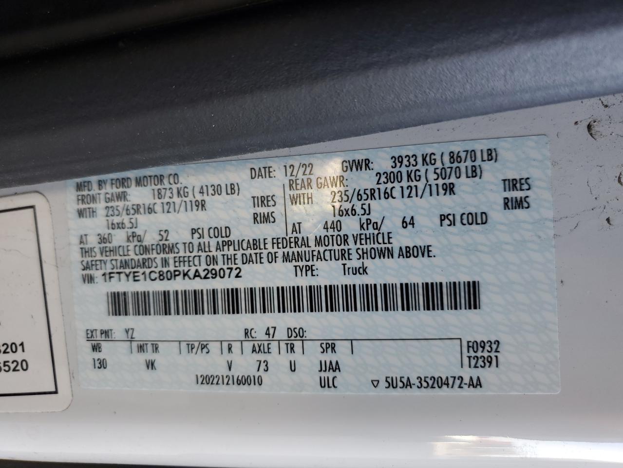 2023 Ford Transit Utility / Service Van VIN: 1FTYE1C80PKA29072 Lot: 92825365