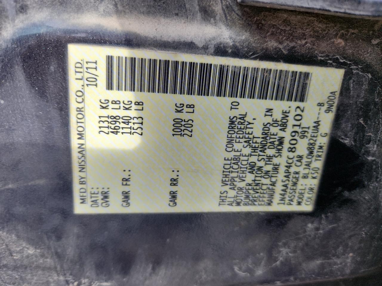 2012 Nissan Maxima S VIN: 1N4AA5AP4CC809102 Lot: 92698555