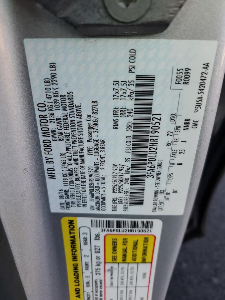 2017 Ford Fusion Se Hybrid VIN: 3FA6P0LU2HR190521 Lot: 92874605