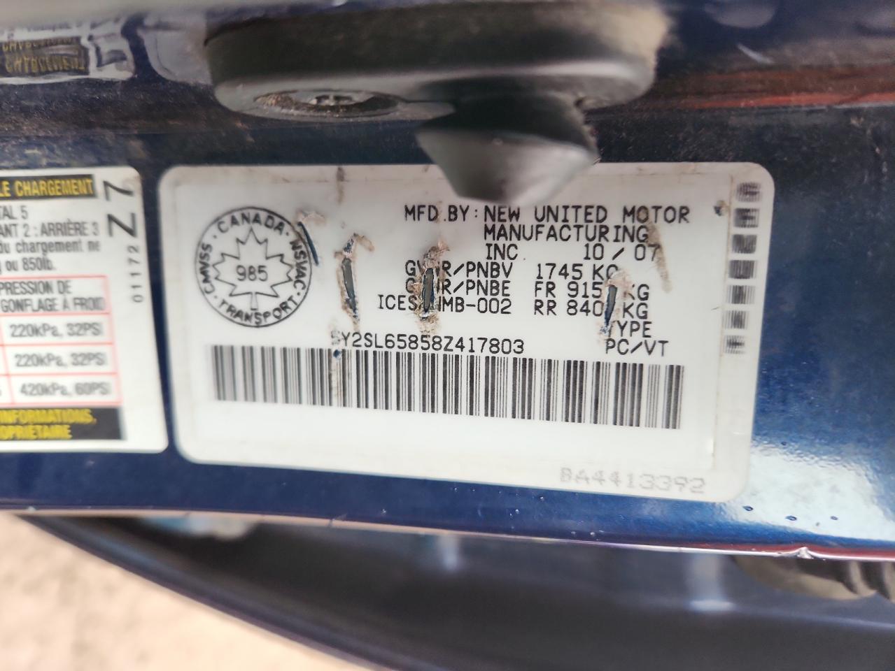 2008 Pontiac Vibe VIN: 5Y2SL65858Z417803 Lot: 91787605