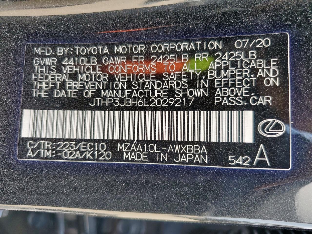 2020 Lexus Ux 200 VIN: JTHP3JBH6L2029217 Lot: 93525125