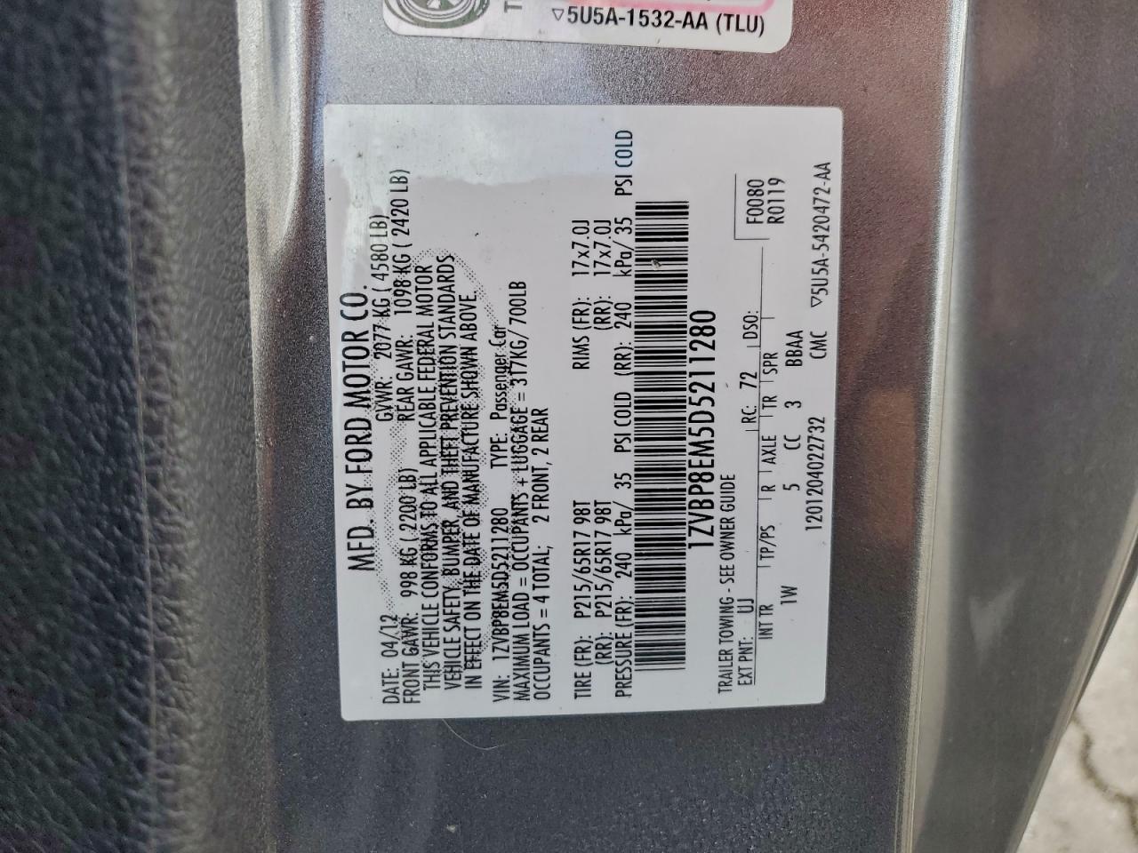 2013 Ford Mustang VIN: 1ZVBP8EM5D5211280 Lot: 93842455