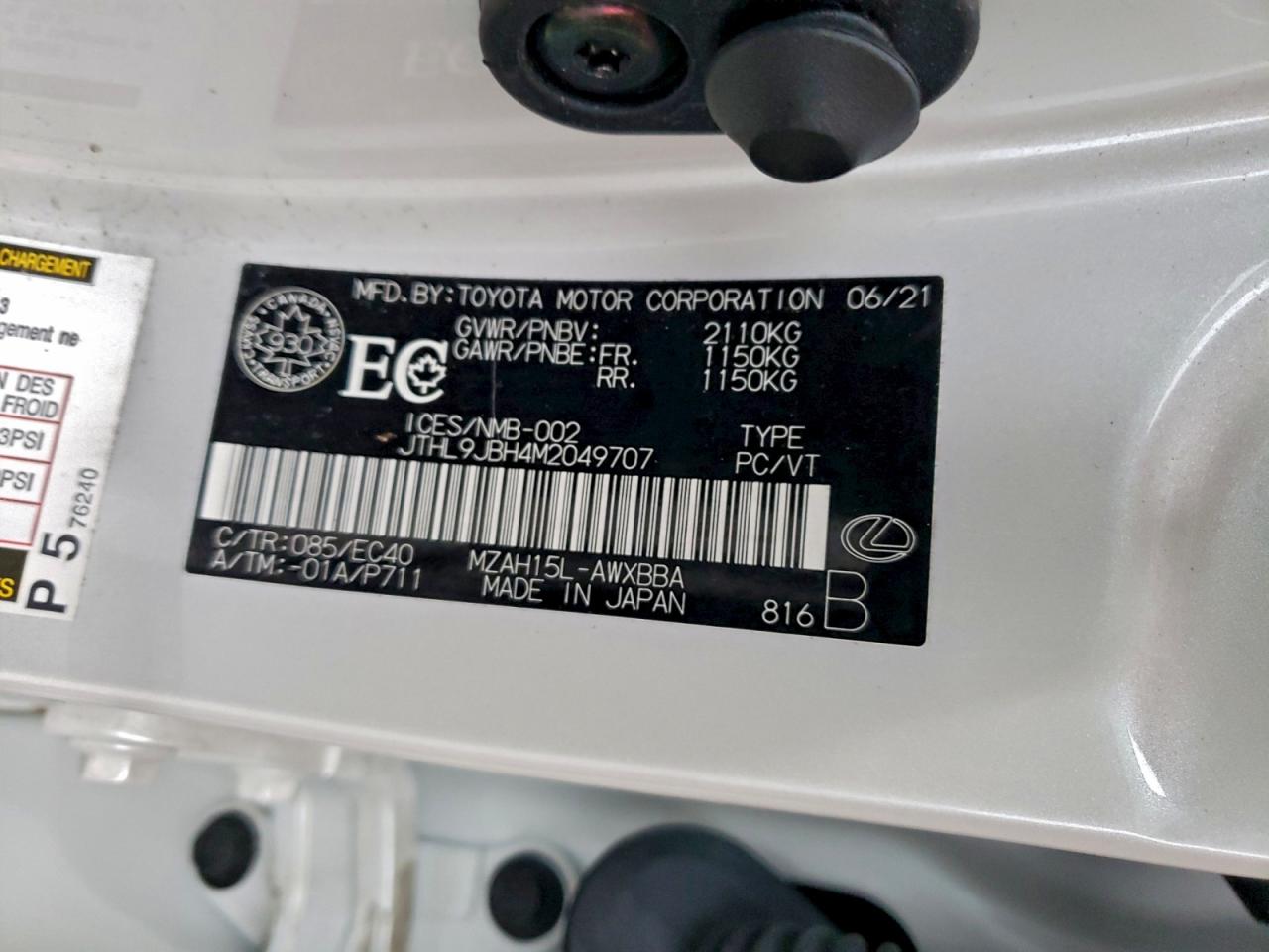 2021 Lexus Ux 250H VIN: JTHL9JBH4M2049707 Lot: 94263635