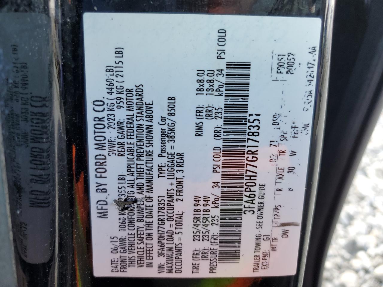 2016 Ford Fusion Se VIN: 3FA6P0H77GR178351 Lot: 91994545