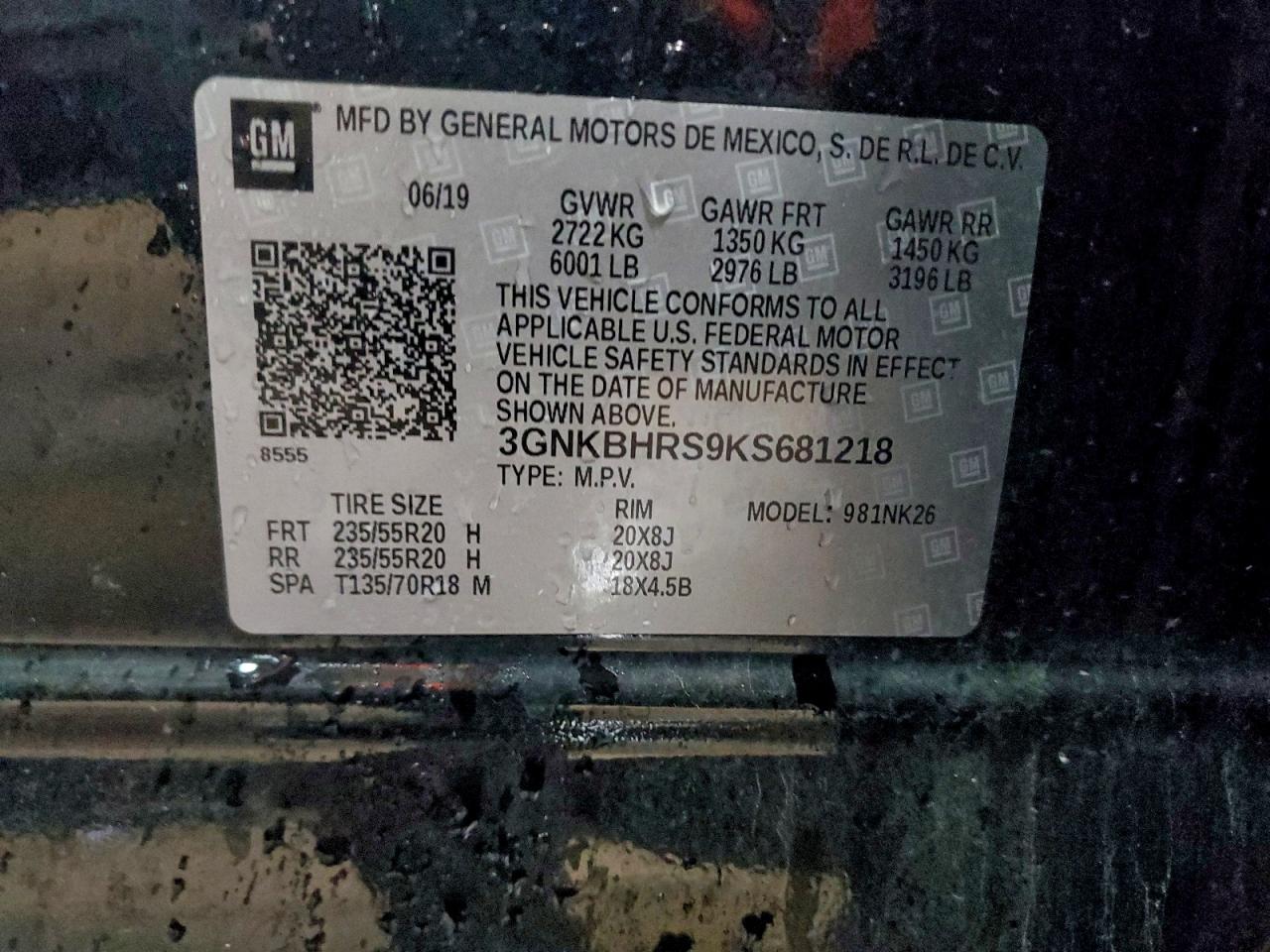 2019 Chevrolet Blazer 3Lt VIN: 3GNKBHRS9KS681218 Lot: 92730705