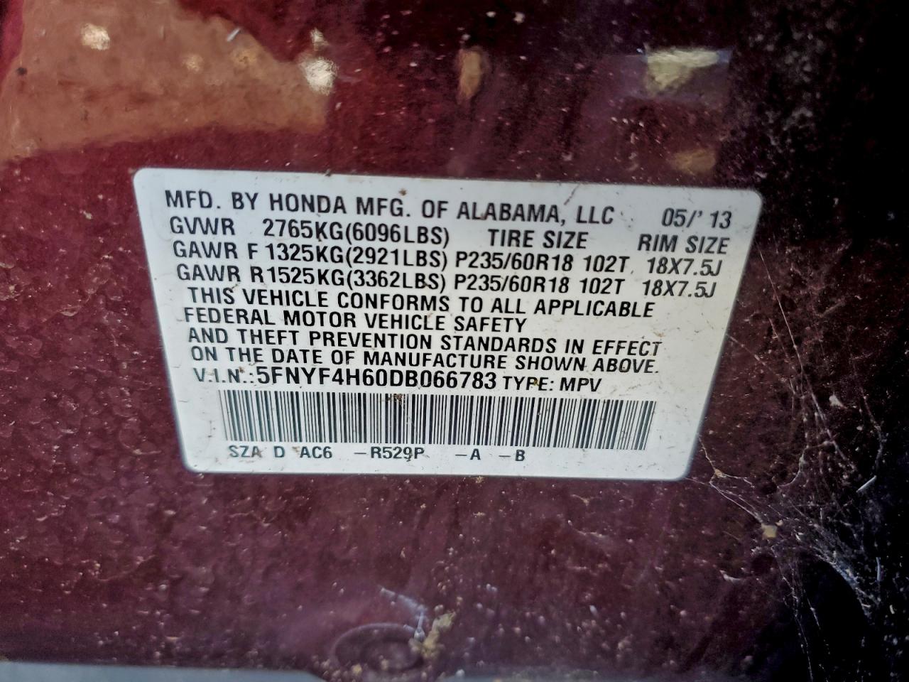 2013 Honda Pilot Exl VIN: 5FNYF4H60DB066783 Lot: 93886155