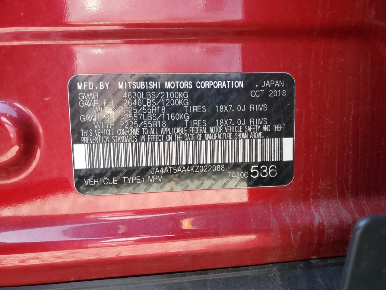 2019 Mitsubishi Eclipse Cross Se VIN: JA4AT5AA4KZ022088 Lot: 92896095