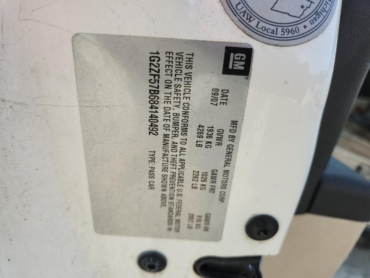 2008 Pontiac G6 Value Leader VIN: 1G2ZF57B684140492 Lot: 92566965