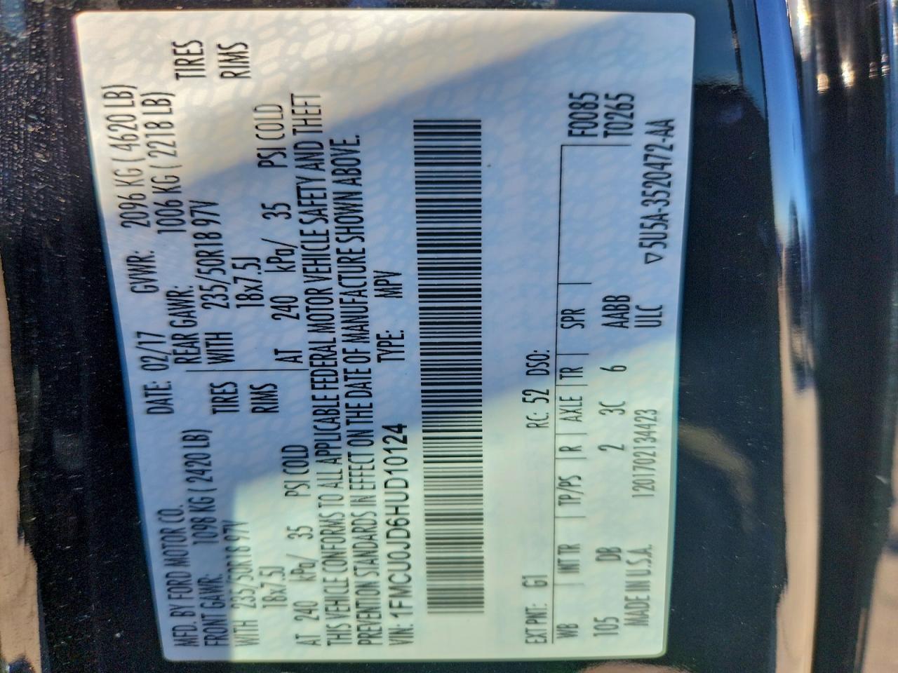 2017 Ford Escape Titanium VIN: 1FMCU0JD6HUD10124 Lot: 93996705