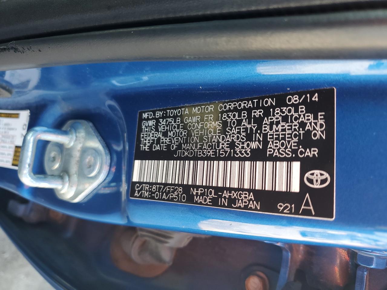 2014 Toyota Prius C VIN: JTDKDTB39E1571333 Lot: 90483775