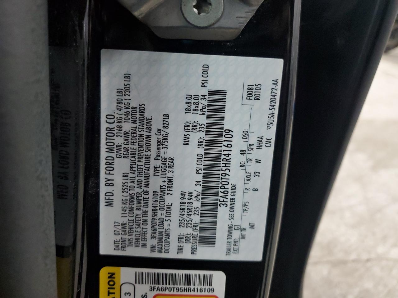 2017 Ford Fusion Se VIN: 3FA6P0T95HR416109 Lot: 93396385