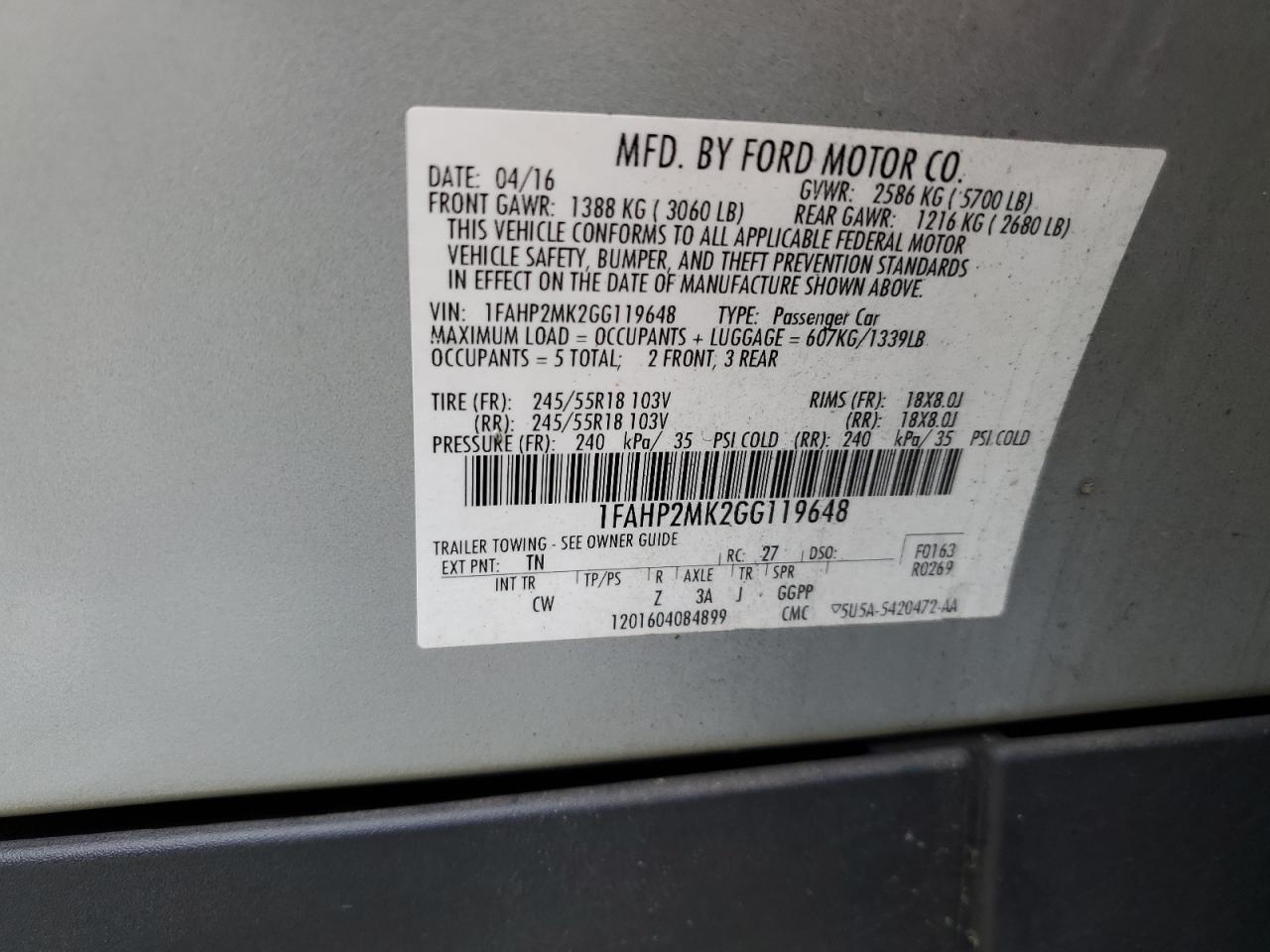 2016 Ford Taurus Police Interceptor VIN: 1FAHP2MK2GG119648 Lot: 91863205