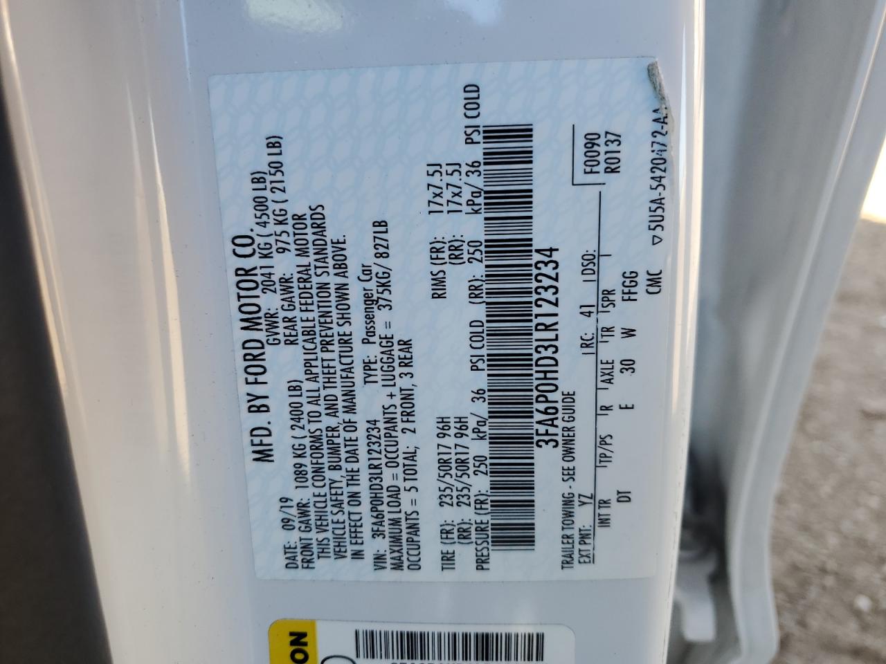 2020 Ford Fusion Se VIN: 3FA6P0HD3LR123234 Lot: 92397165