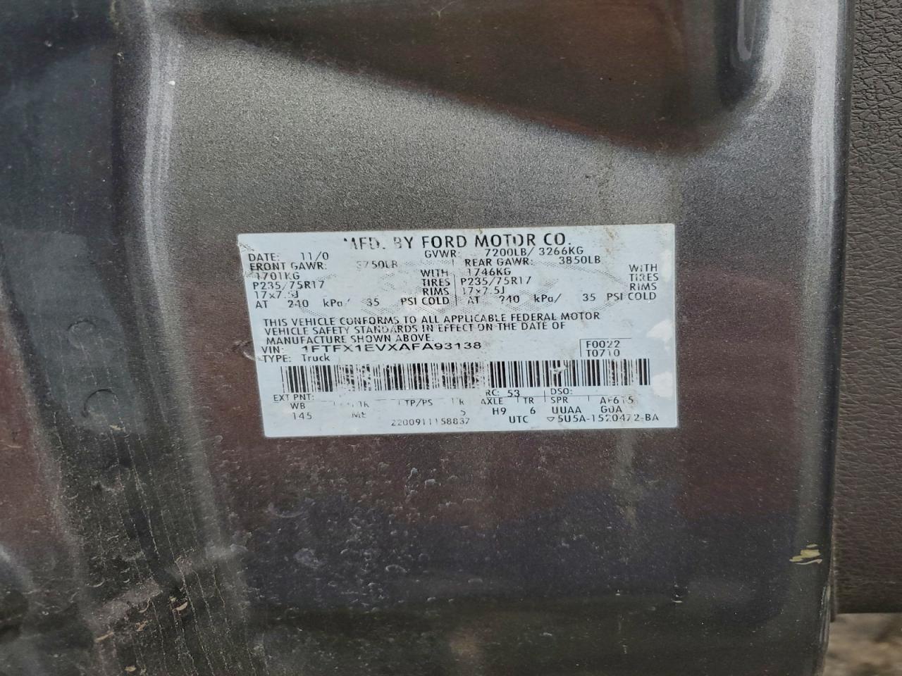 2010 Ford F150 Super Cab VIN: 1FTFX1EVXAFA93138 Lot: 94156345