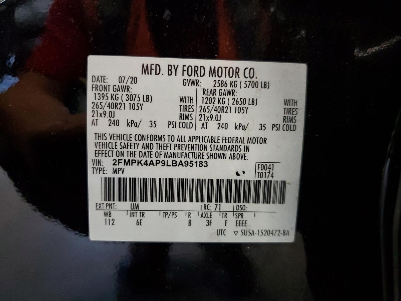 2020 Ford Edge St VIN: 2FMPK4AP9LBA95183 Lot: 91345115