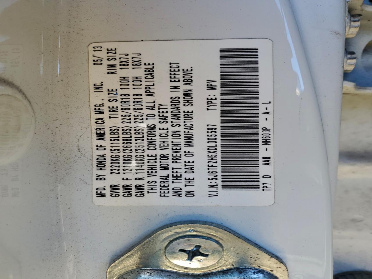 2013 Honda Crosstour Exl VIN: 5J6TF2H5XDL005597 Lot: 93861695