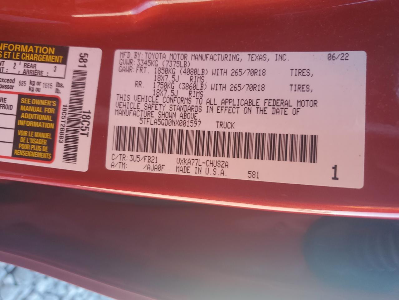 2022 Toyota Tundra Double Cab Sr VIN: 5TFLA5GD0NX001597 Lot: 89892925