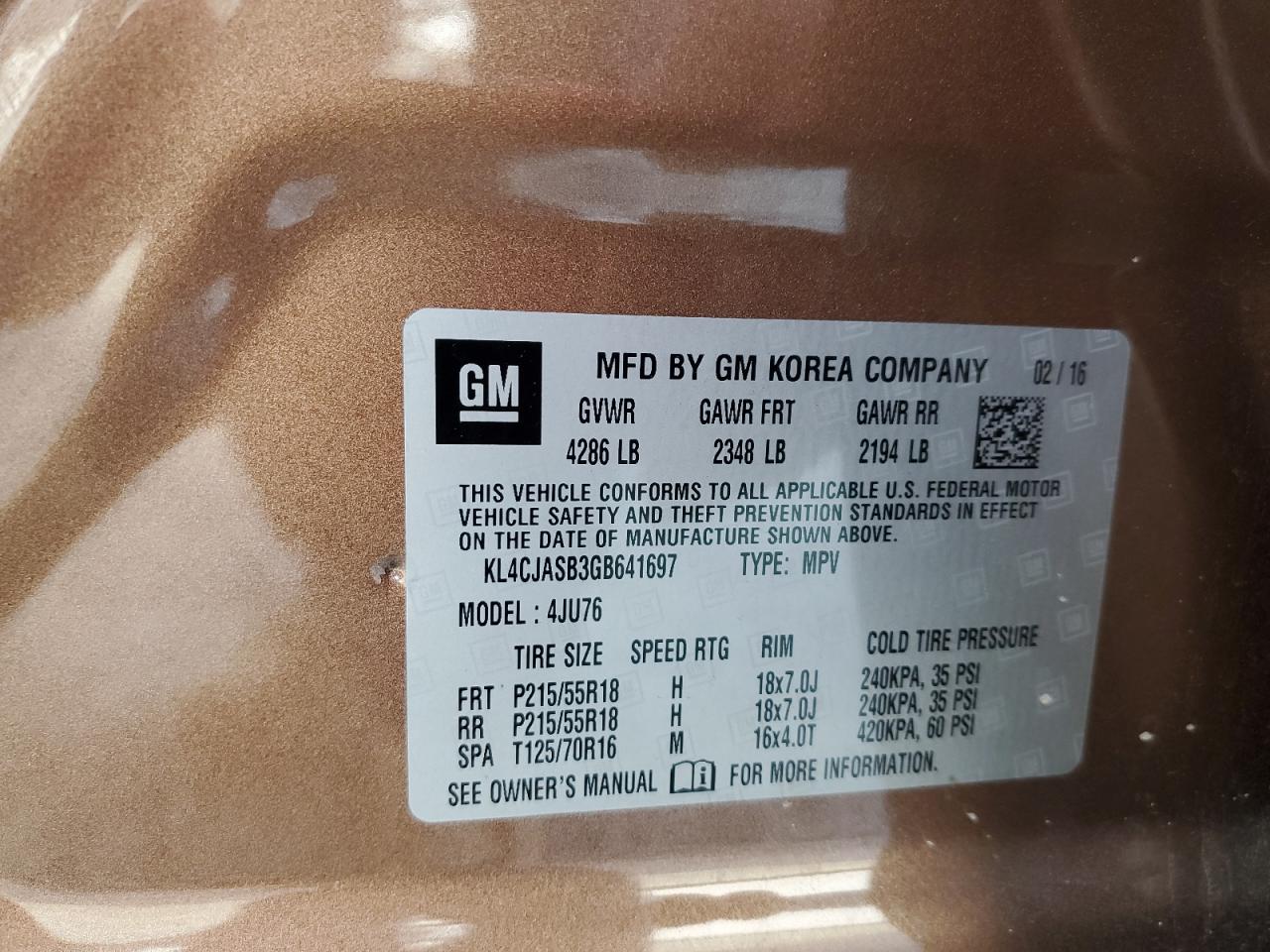 2016 Buick Encore VIN: KL4CJASB3GB641697 Lot: 93538165