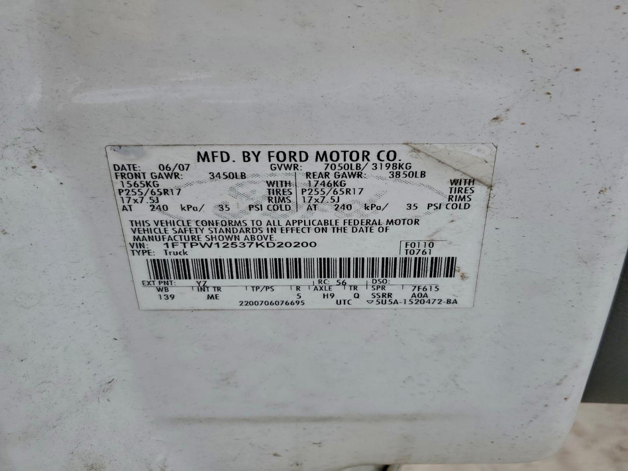 2007 Ford F150 Supercrew VIN: 1FTPW12537KD20200 Lot: 93829385