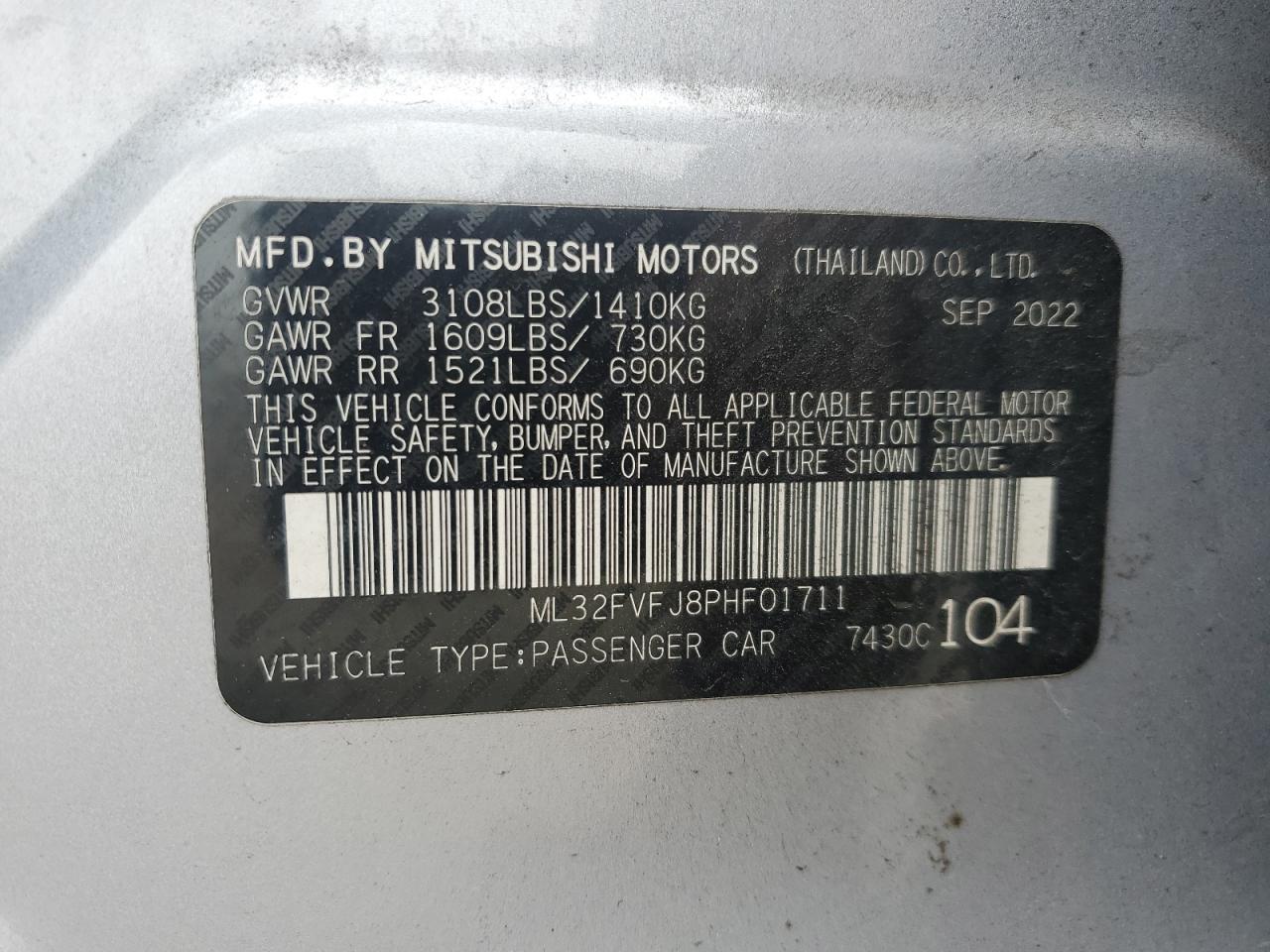 2023 Mitsubishi Mirage G4 Se VIN: ML32FVFJ8PHF01711 Lot: 93065675