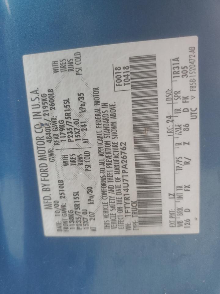 2001 Ford Ranger Super Cab VIN: 1FTYR14U71PA26762 Lot: 93178015