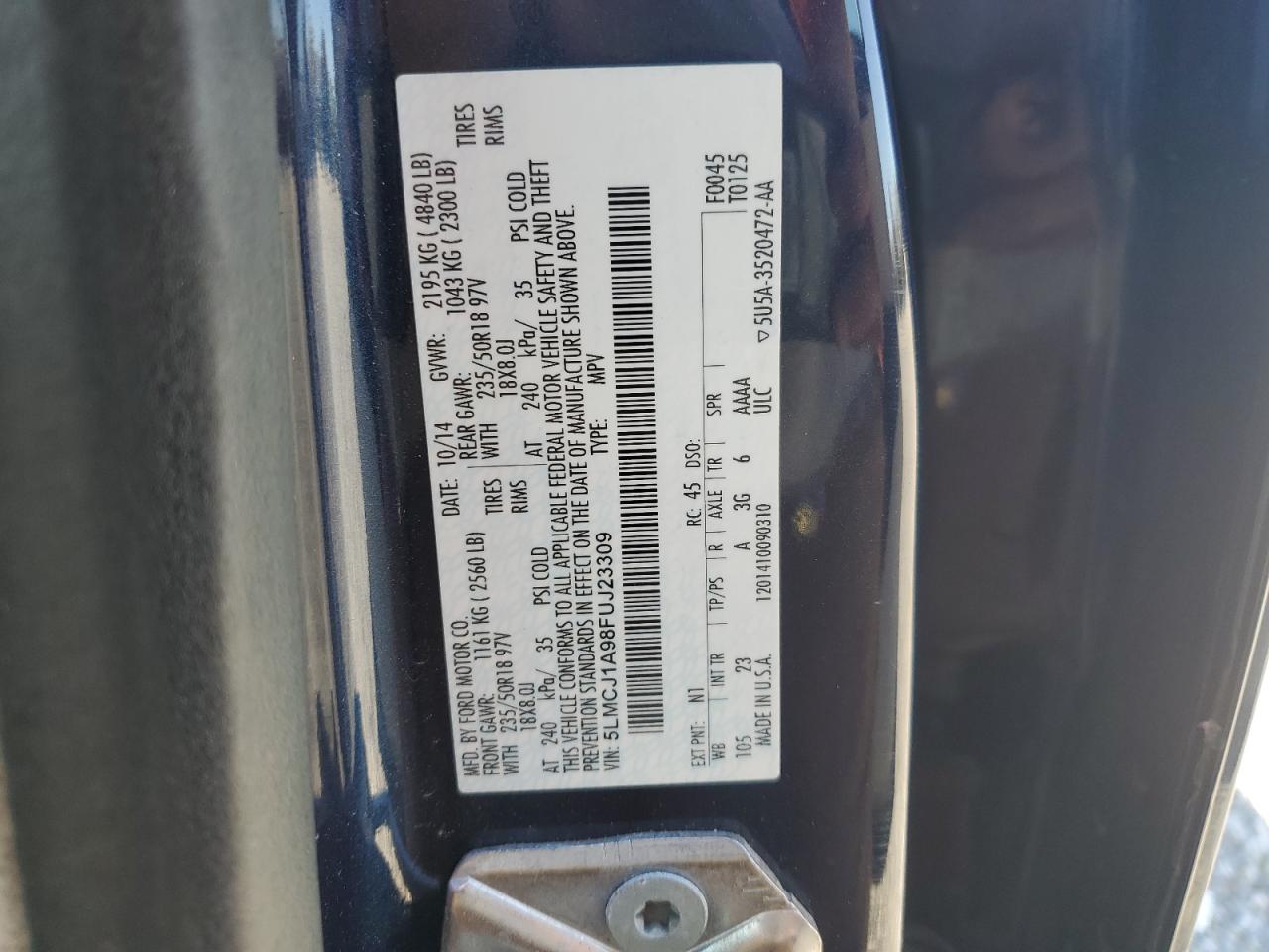 2015 Lincoln Mkc VIN: 5LMCJ1A98FUJ23309 Lot: 93072885