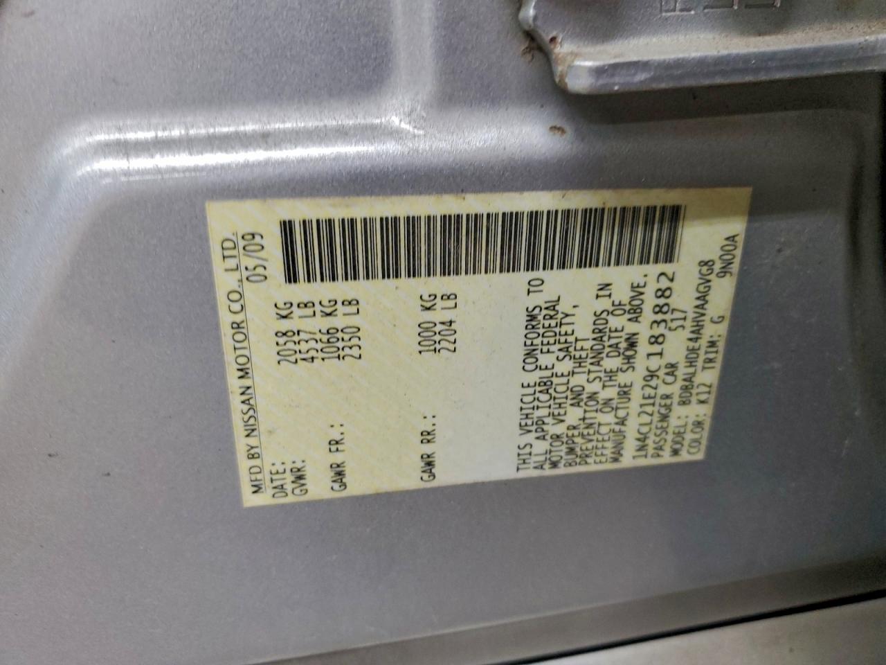 2009 Nissan Altima Hybrid VIN: 1N4CL21E29C183882 Lot: 94028745