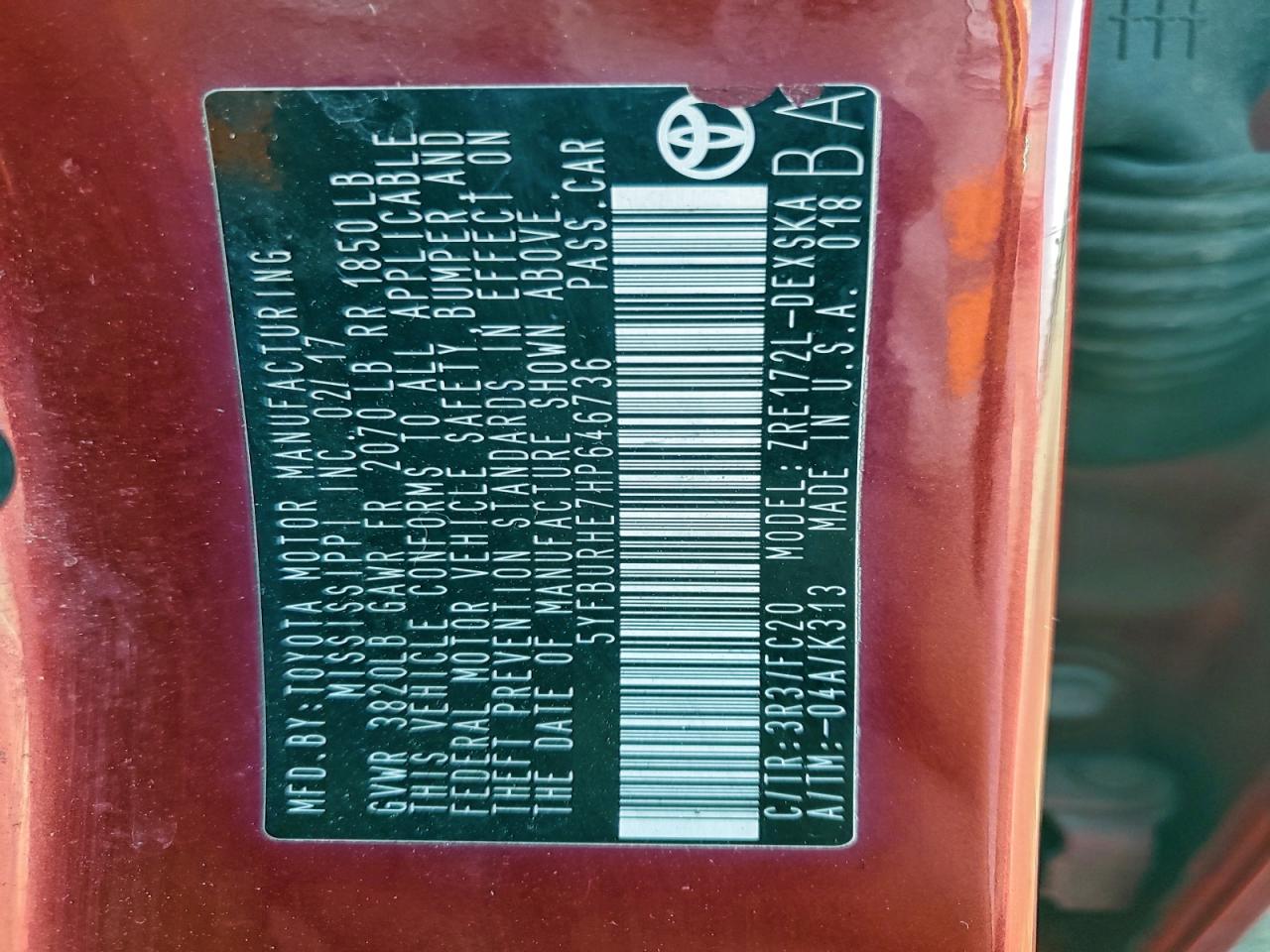 2017 Toyota Corolla L VIN: 5YFBURHE7HP646736 Lot: 94578145