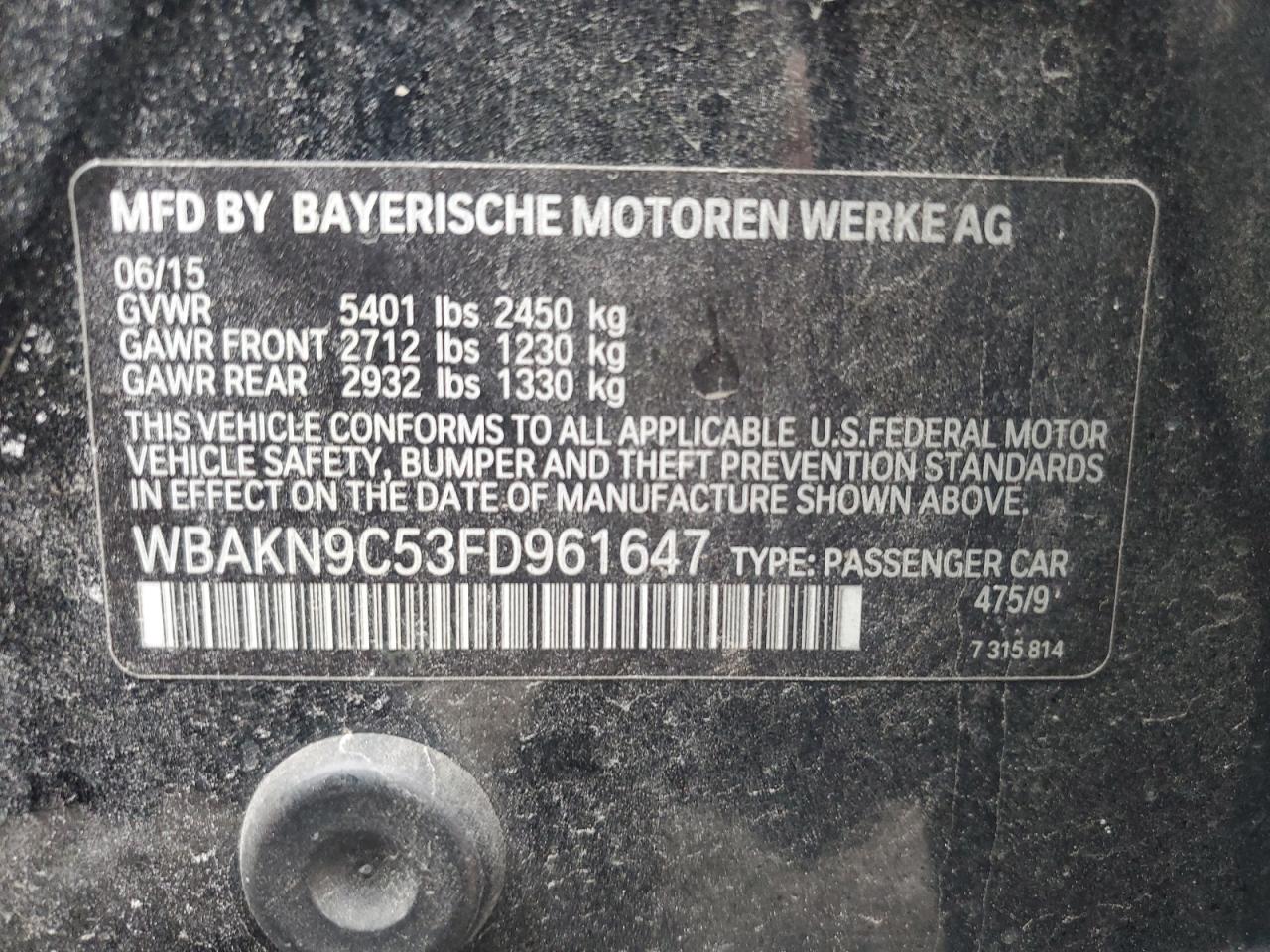 2015 BMW 550 I VIN: WBAKN9C53FD961647 Lot: 93503195