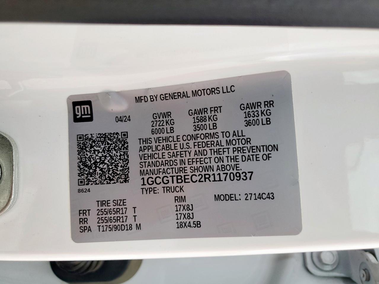 2024 Chevrolet Colorado VIN: 1GCGTBEC2R1170937 Lot: 93332485