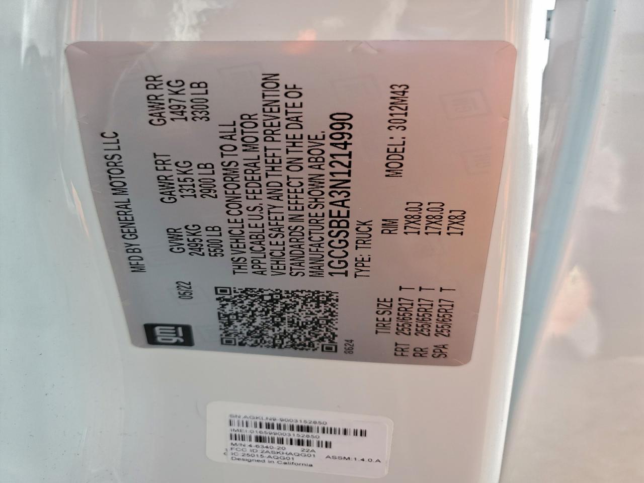 2022 Chevrolet Colorado VIN: 1GCGSBEA3N1214990 Lot: 93098195