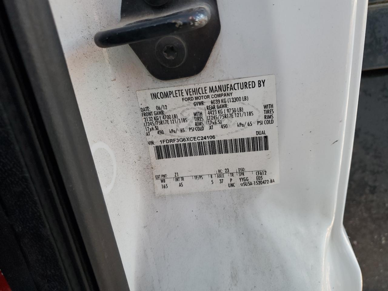 2012 Ford F350 Super Duty VIN: 1FDRF3G6XCEC24106 Lot: 92739315